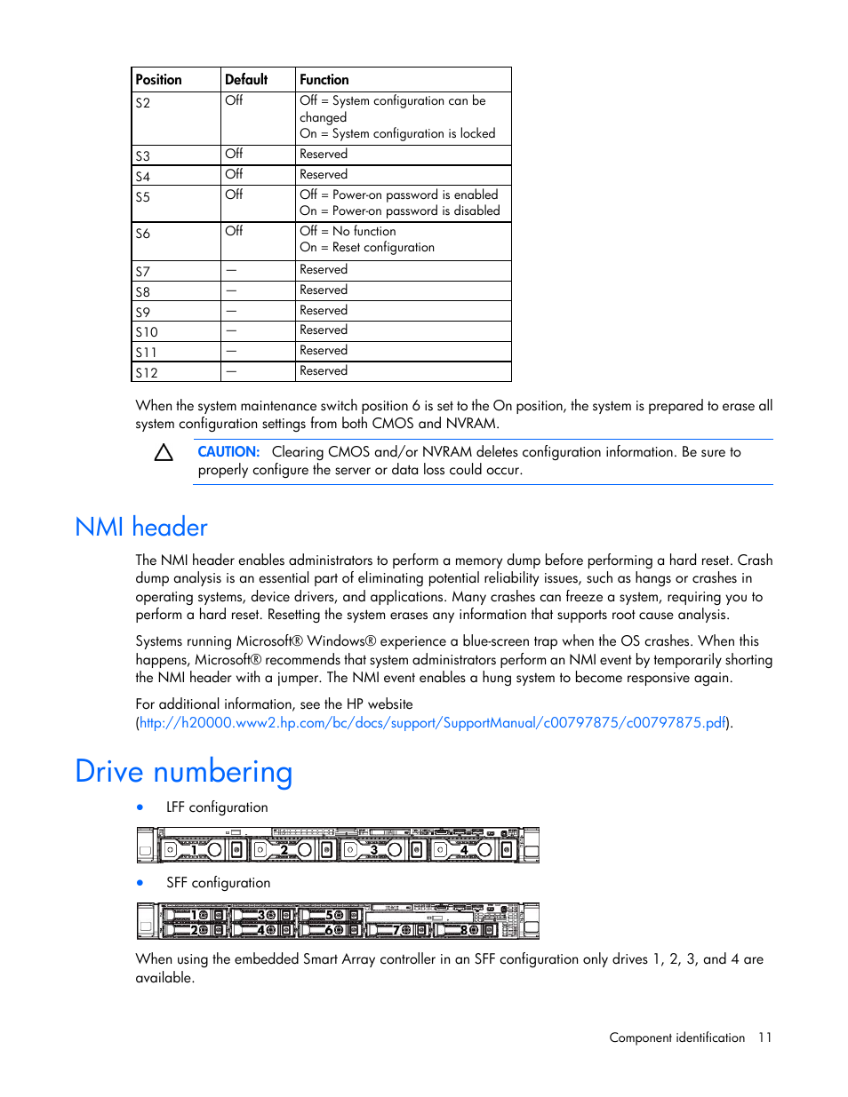 Nmi header, Drive numbering | HP ProLiant DL160 Gen8 Server User Manual | Page 11 / 109