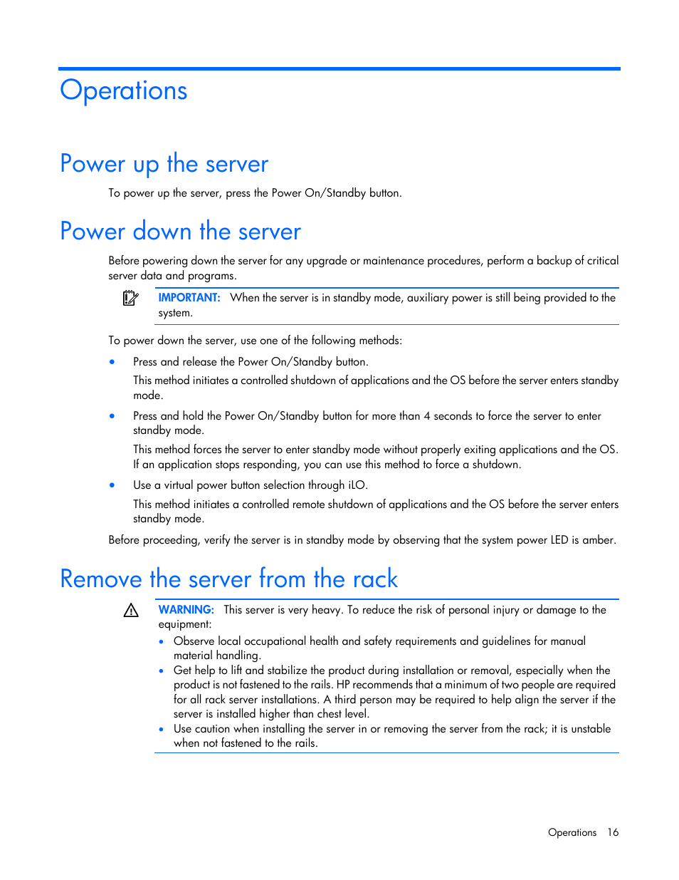 Operations, Power up the server, Power down the server | Remove the server from the rack | HP ProLiant DL160 Gen8 Server User Manual | Page 16 / 109