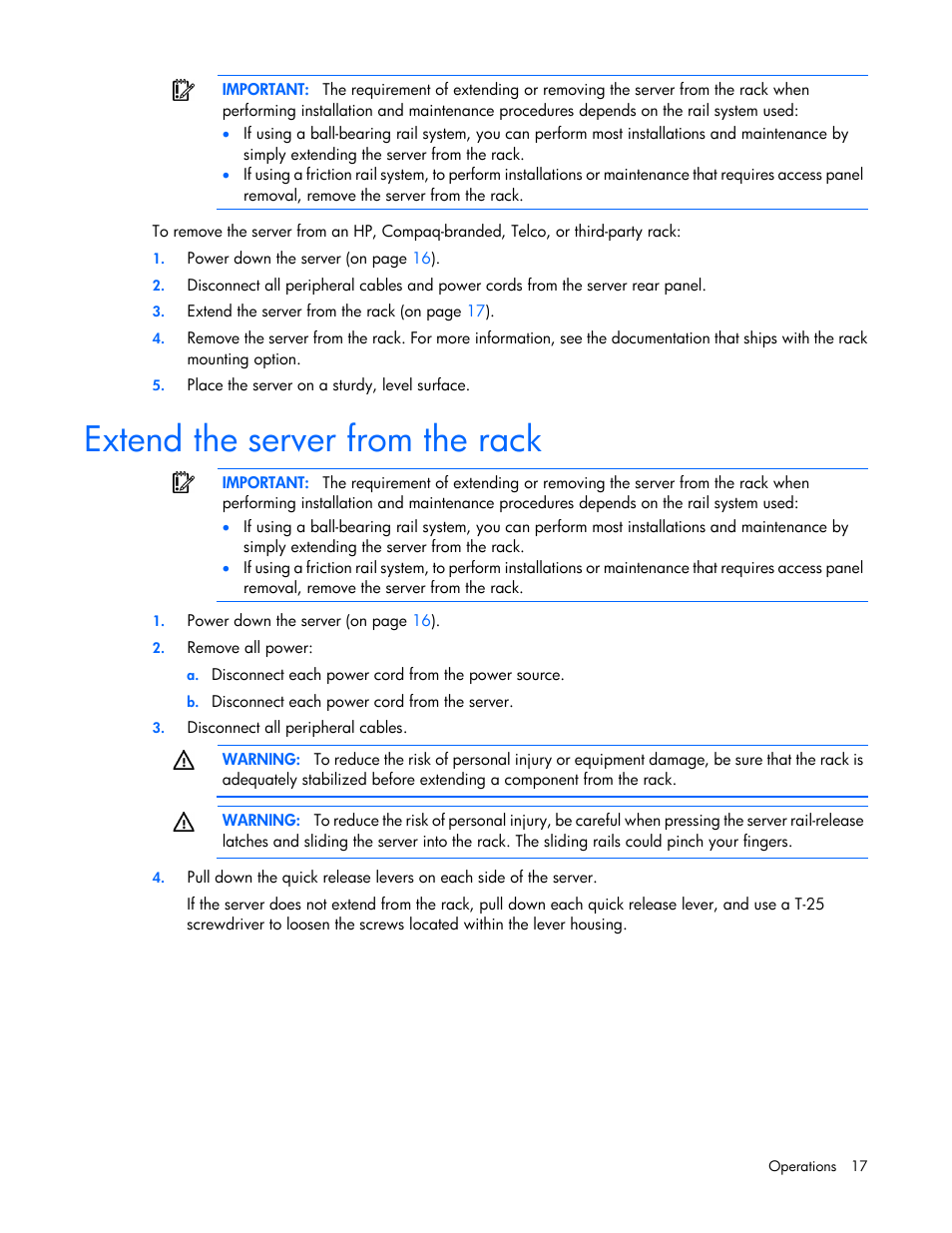 Extend the server from the rack | HP ProLiant DL160 Gen8 Server User Manual | Page 17 / 109