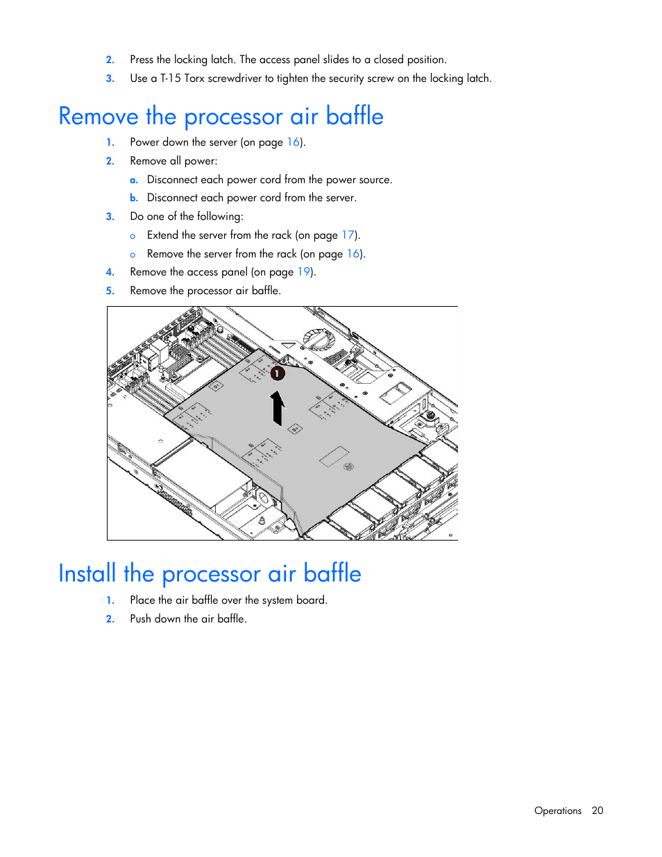 Remove the processor air baffle, Install the processor air baffle | HP ProLiant DL160 Gen8 Server User Manual | Page 20 / 109