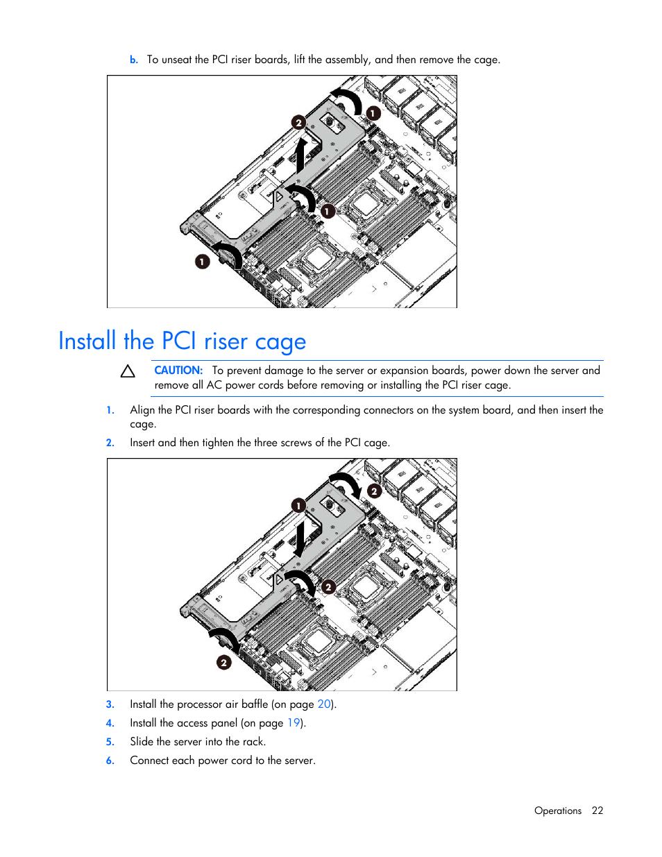 Install the pci riser cage | HP ProLiant DL160 Gen8 Server User Manual | Page 22 / 109