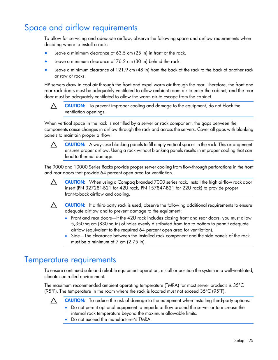 Space and airflow requirements, Temperature requirements | HP ProLiant DL160 Gen8 Server User Manual | Page 25 / 109