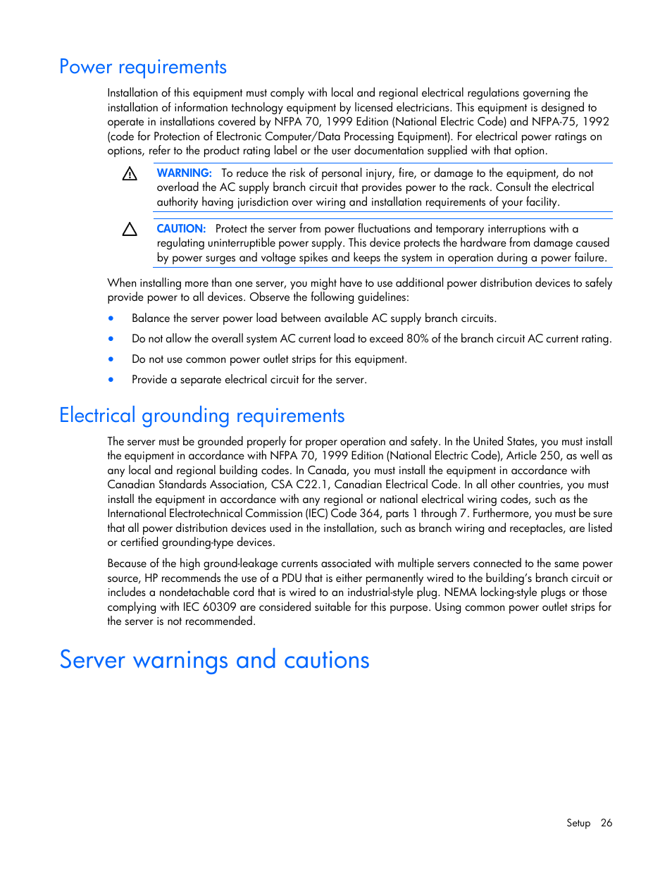 Power requirements, Electrical grounding requirements, Server warnings and cautions | HP ProLiant DL160 Gen8 Server User Manual | Page 26 / 109