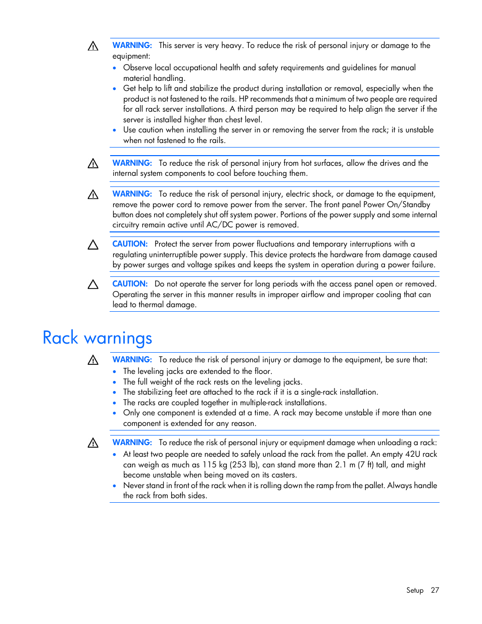 Rack warnings | HP ProLiant DL160 Gen8 Server User Manual | Page 27 / 109