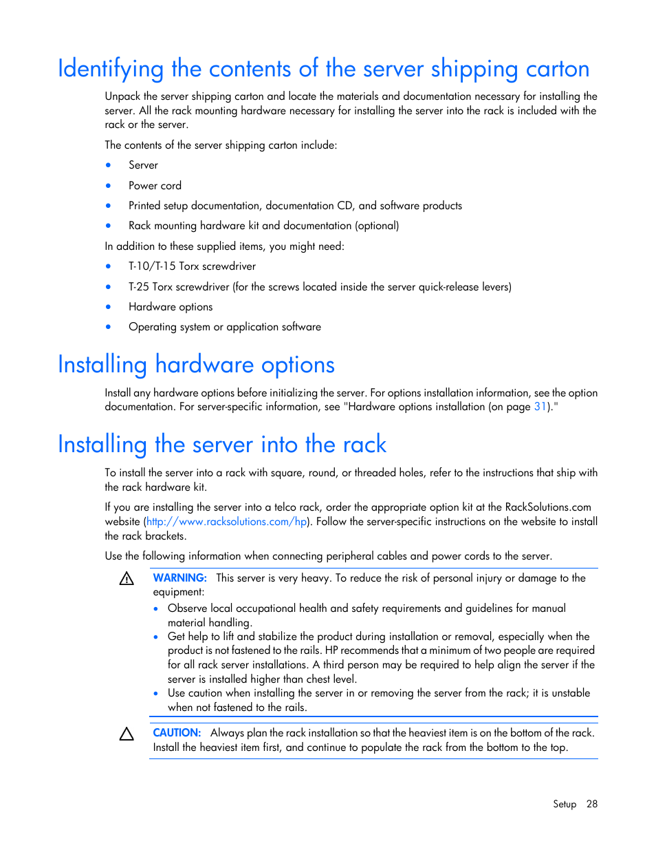 Installing hardware options, Installing the server into the rack | HP ProLiant DL160 Gen8 Server User Manual | Page 28 / 109