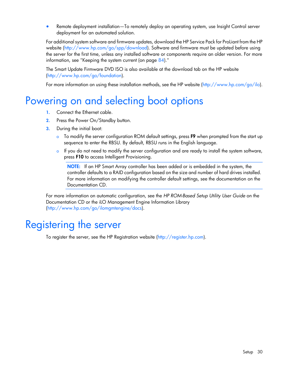 Powering on and selecting boot options, Registering the server | HP ProLiant DL160 Gen8 Server User Manual | Page 30 / 109