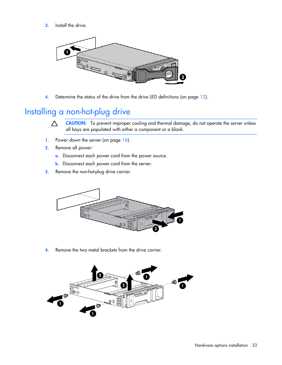 Installing a non-hot-plug drive | HP ProLiant DL160 Gen8 Server User Manual | Page 33 / 109