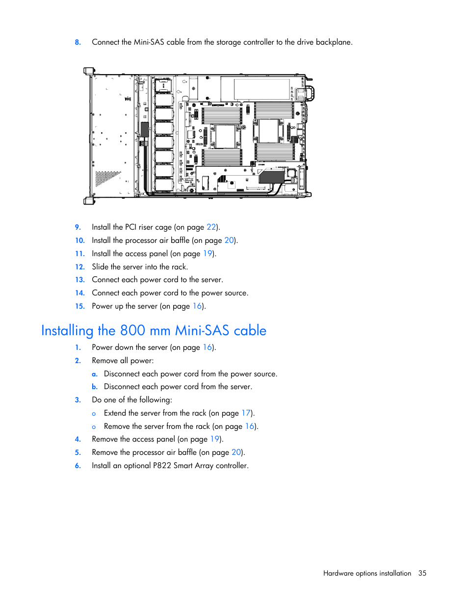Installing the 800 mm mini-sas cable | HP ProLiant DL160 Gen8 Server User Manual | Page 35 / 109