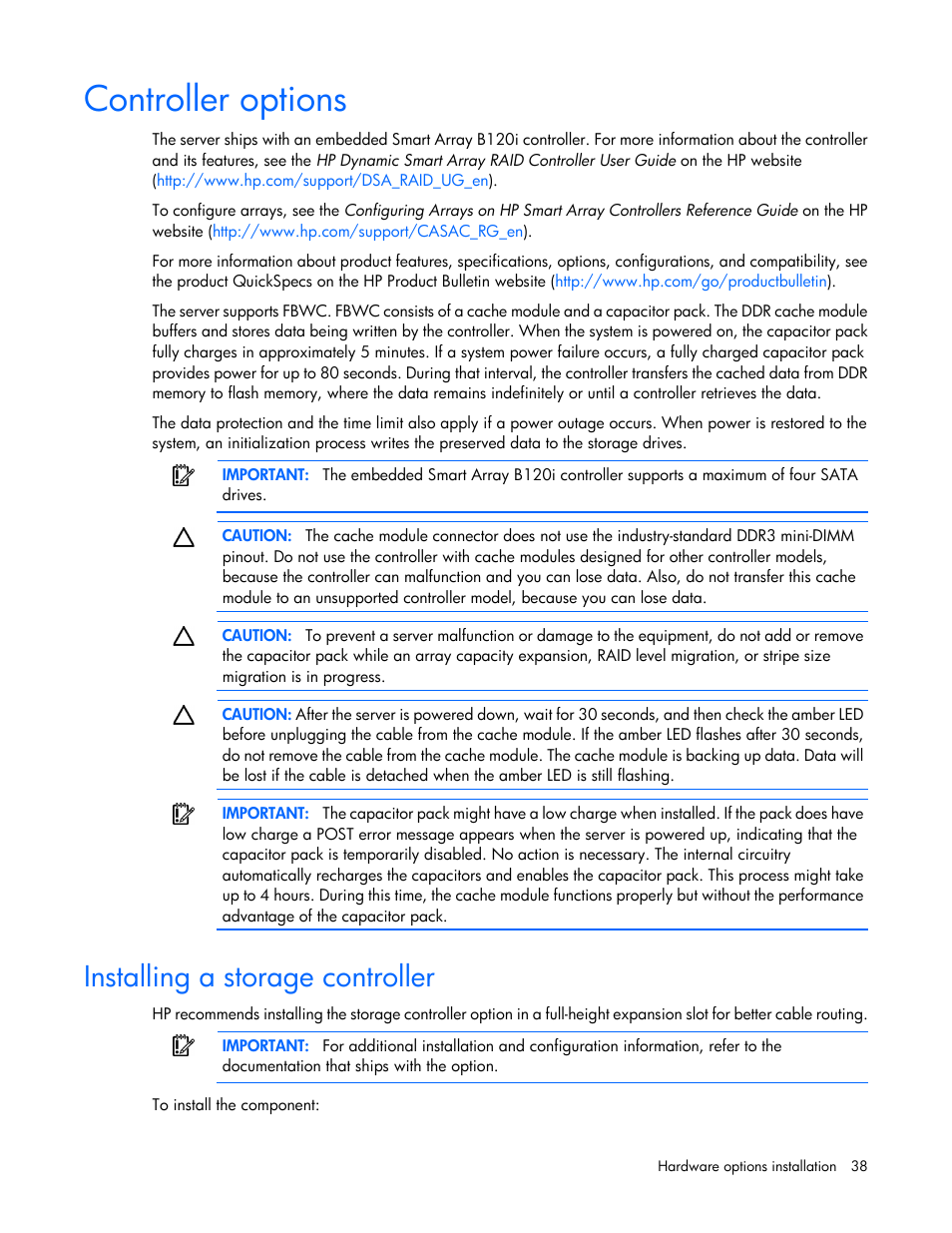 Controller options, Installing a storage controller | HP ProLiant DL160 Gen8 Server User Manual | Page 38 / 109