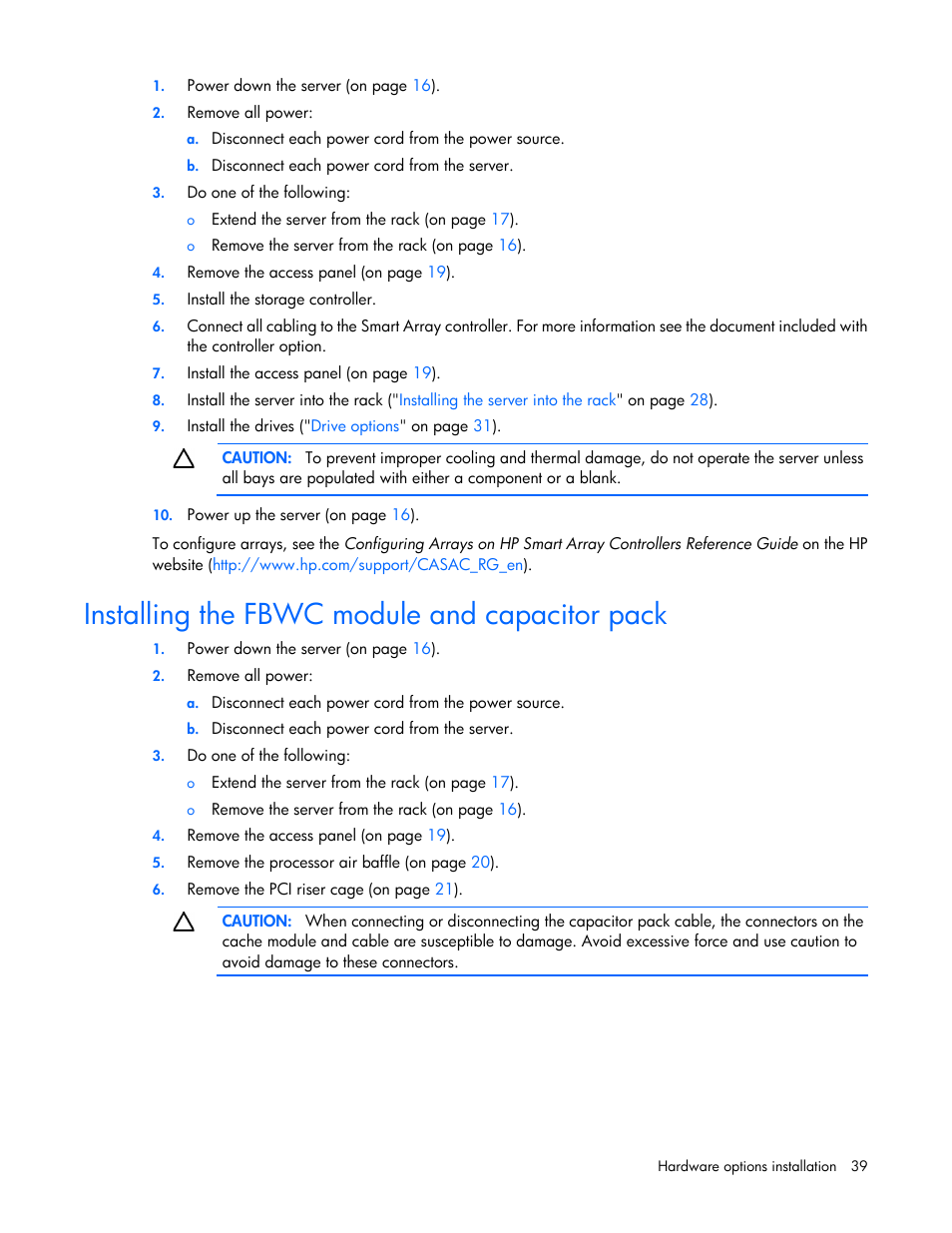 Installing the fbwc module and capacitor pack | HP ProLiant DL160 Gen8 Server User Manual | Page 39 / 109