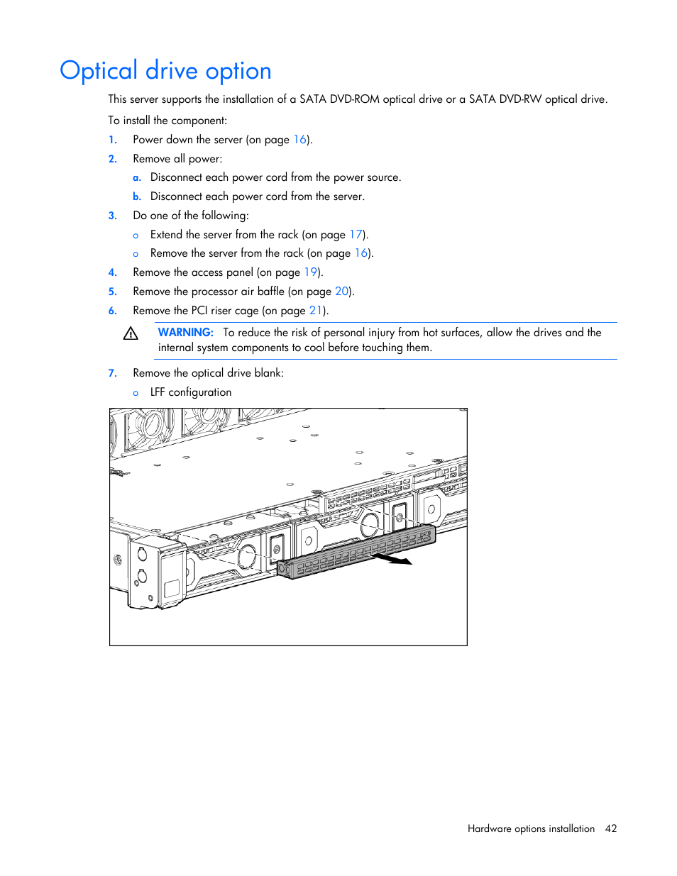 Optical drive option | HP ProLiant DL160 Gen8 Server User Manual | Page 42 / 109