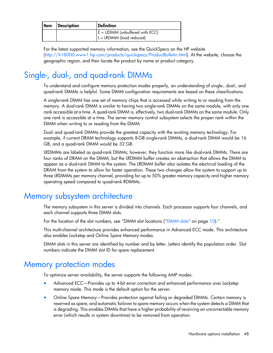 Single-, dual-, and quad-rank dimms, Memory subsystem architecture, Memory protection modes | HP ProLiant DL160 Gen8 Server User Manual | Page 48 / 109