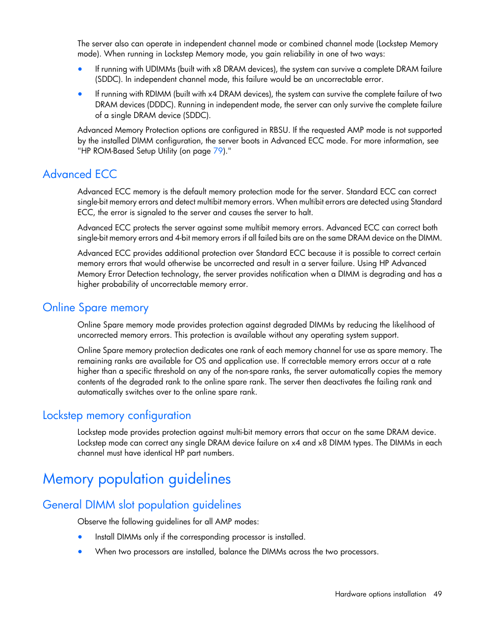 Advanced ecc, Online spare memory, Lockstep memory configuration | Memory population guidelines, General dimm slot population guidelines | HP ProLiant DL160 Gen8 Server User Manual | Page 49 / 109