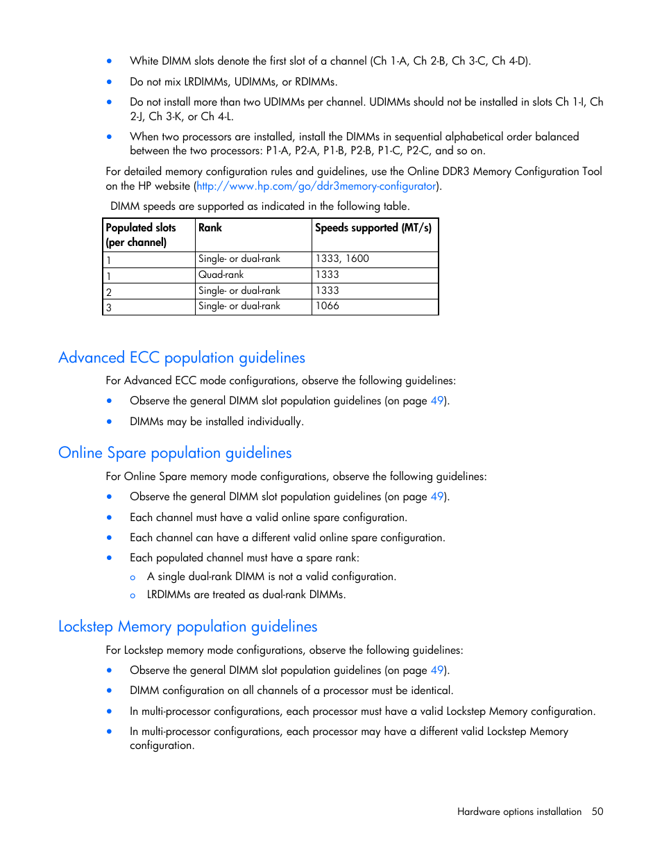Advanced ecc population guidelines, Online spare population guidelines, Lockstep memory population guidelines | HP ProLiant DL160 Gen8 Server User Manual | Page 50 / 109