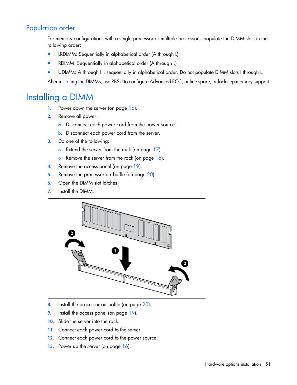 Population order, Installing a dimm | HP ProLiant DL160 Gen8 Server User Manual | Page 51 / 109