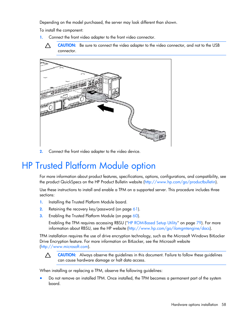 Hp trusted platform module option | HP ProLiant DL160 Gen8 Server User Manual | Page 58 / 109