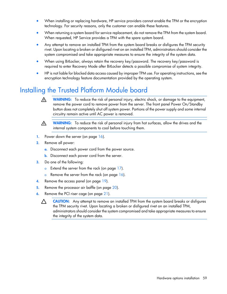 Installing the trusted platform module board | HP ProLiant DL160 Gen8 Server User Manual | Page 59 / 109