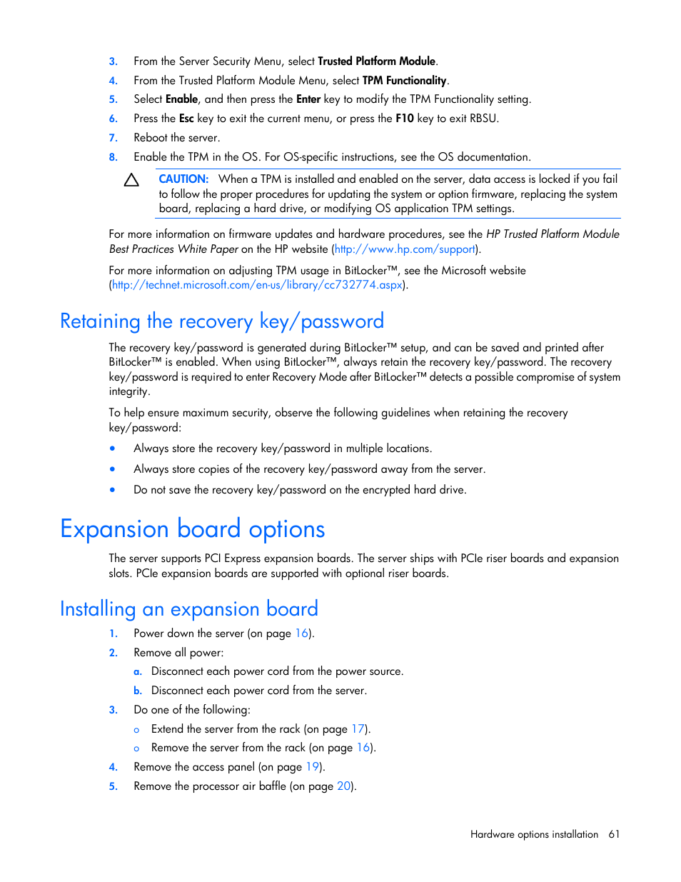 Retaining the recovery key/password, Expansion board options, Installing an expansion board | HP ProLiant DL160 Gen8 Server User Manual | Page 61 / 109