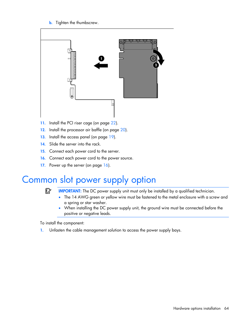 Common slot power supply option | HP ProLiant DL160 Gen8 Server User Manual | Page 64 / 109