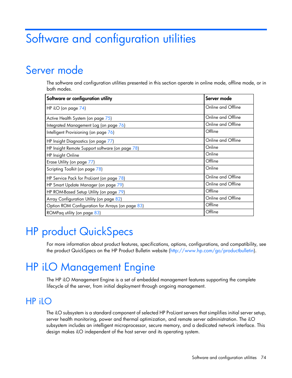 Software and configuration utilities, Server mode, Hp product quickspecs | Hp ilo management engine, Hp ilo | HP ProLiant DL160 Gen8 Server User Manual | Page 74 / 109
