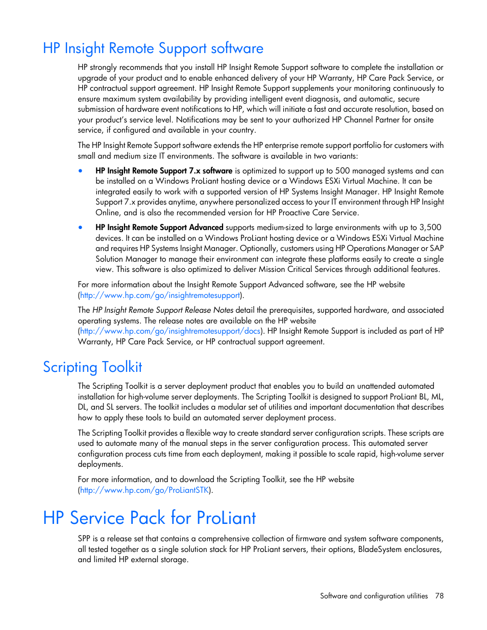 Hp insight remote support software, Scripting toolkit, Hp service pack for proliant | HP ProLiant DL160 Gen8 Server User Manual | Page 78 / 109