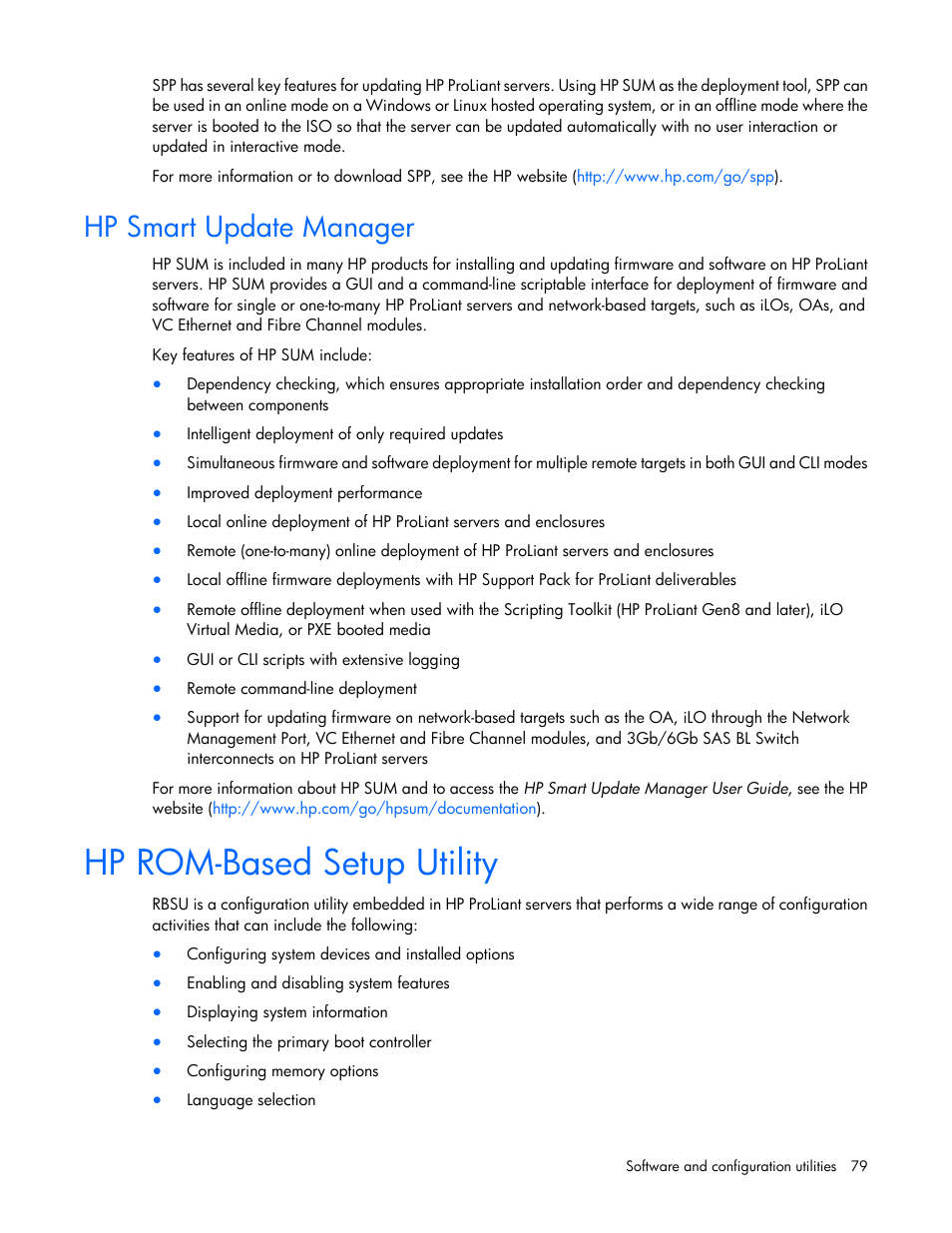 Hp smart update manager, Hp rom-based setup utility, Rom-based setup utility | HP ProLiant DL160 Gen8 Server User Manual | Page 79 / 109
