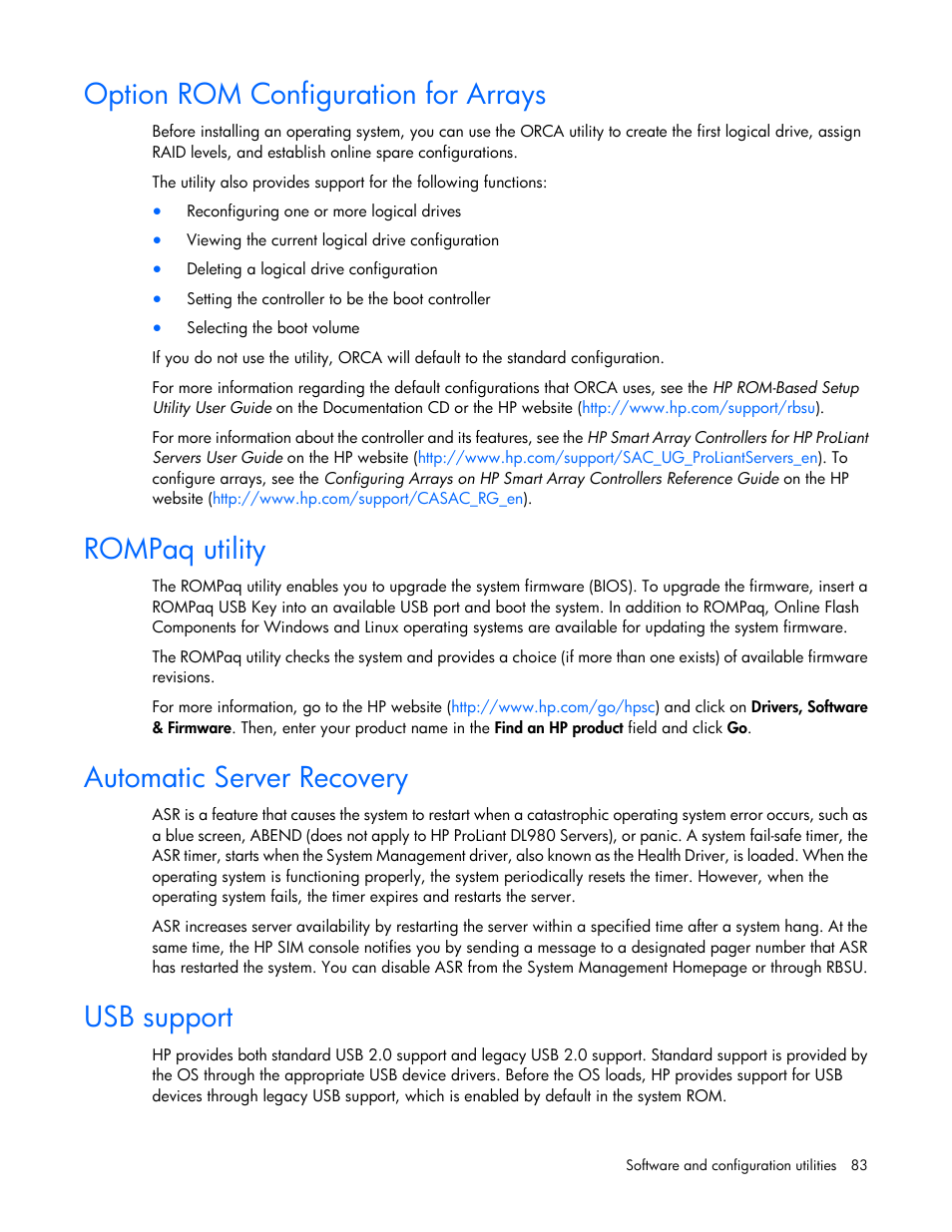Option rom configuration for arrays, Rompaq utility, Automatic server recovery | Usb support | HP ProLiant DL160 Gen8 Server User Manual | Page 83 / 109