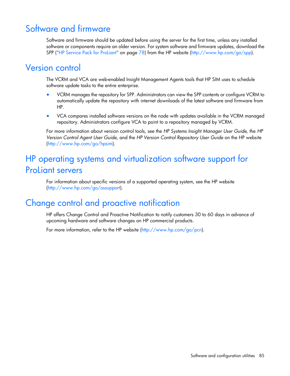 Software and firmware, Version control, Change control and proactive notification | HP ProLiant DL160 Gen8 Server User Manual | Page 85 / 109
