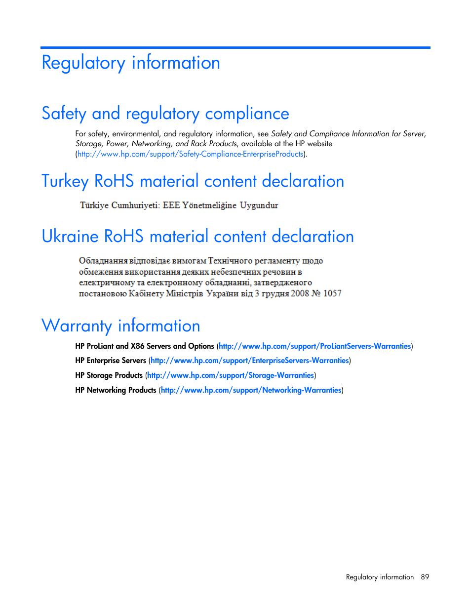 Regulatory information, Safety and regulatory compliance, Turkey rohs material content declaration | Ukraine rohs material content declaration, Warranty information | HP ProLiant DL160 Gen8 Server User Manual | Page 89 / 109