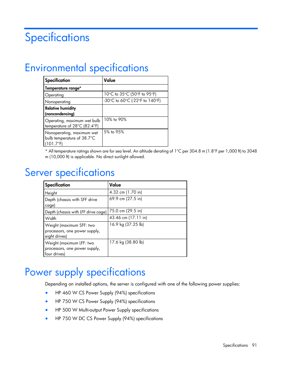 Specifications, Environmental specifications, Server specifications | Power supply specifications | HP ProLiant DL160 Gen8 Server User Manual | Page 91 / 109