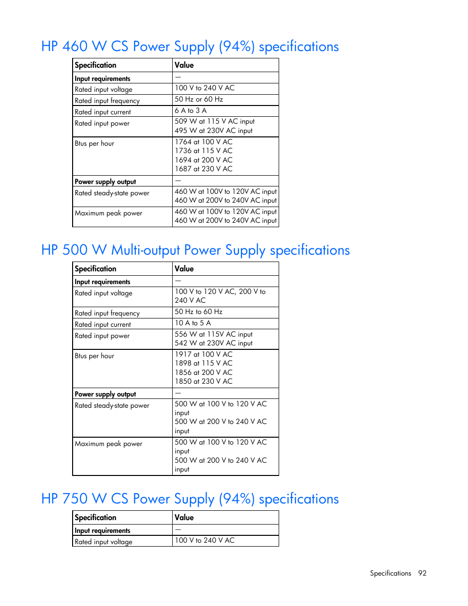 Hp 460 w cs power supply (94%) specifications, Hp 500 w multi-output power supply specifications, Hp 750 w cs power supply (94%) specifications | HP ProLiant DL160 Gen8 Server User Manual | Page 92 / 109