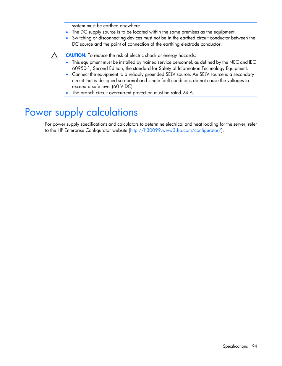 Power supply calculations | HP ProLiant DL160 Gen8 Server User Manual | Page 94 / 109