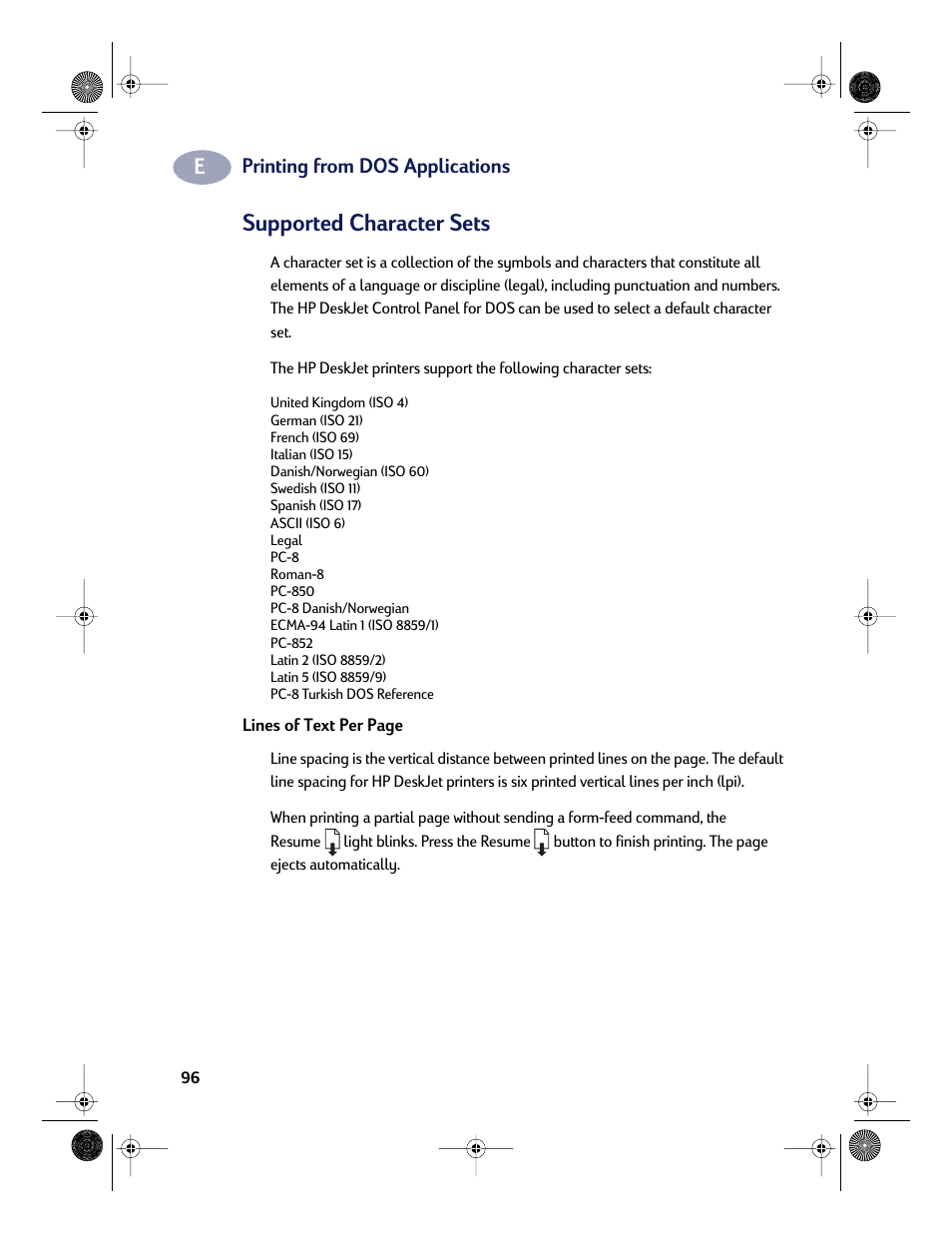 Supported character sets | HP Deskjet 832c Printer User Manual | Page 104 / 118