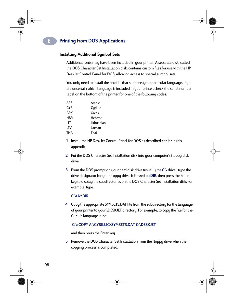 Printing from dos applications | HP Deskjet 832c Printer User Manual | Page 106 / 118