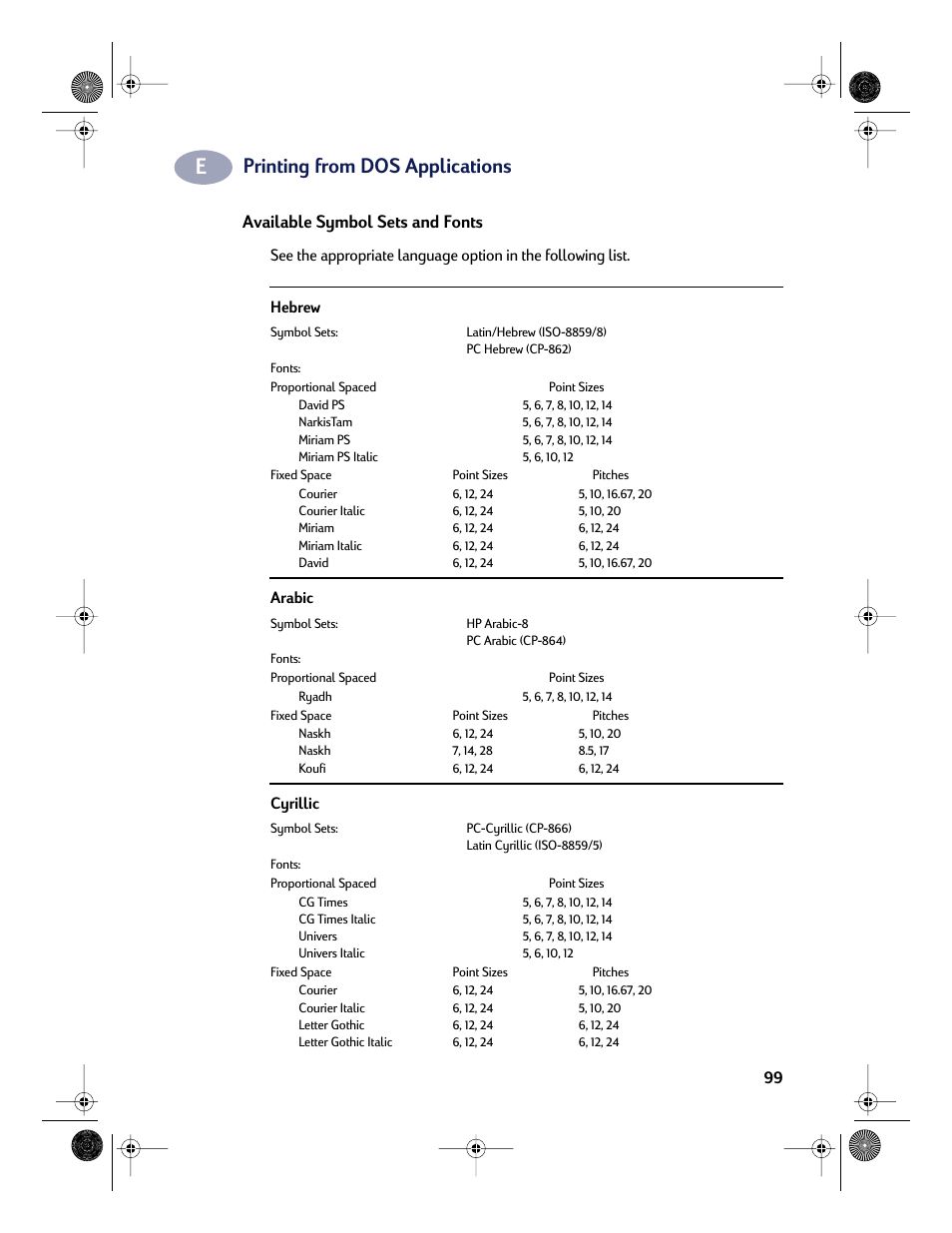 Printing from dos applications, Available symbol sets and fonts | HP Deskjet 832c Printer User Manual | Page 107 / 118