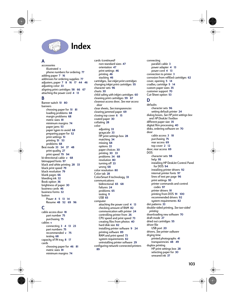 Index | HP Deskjet 832c Printer User Manual | Page 111 / 118