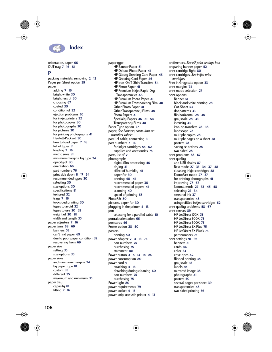 Index | HP Deskjet 832c Printer User Manual | Page 114 / 118