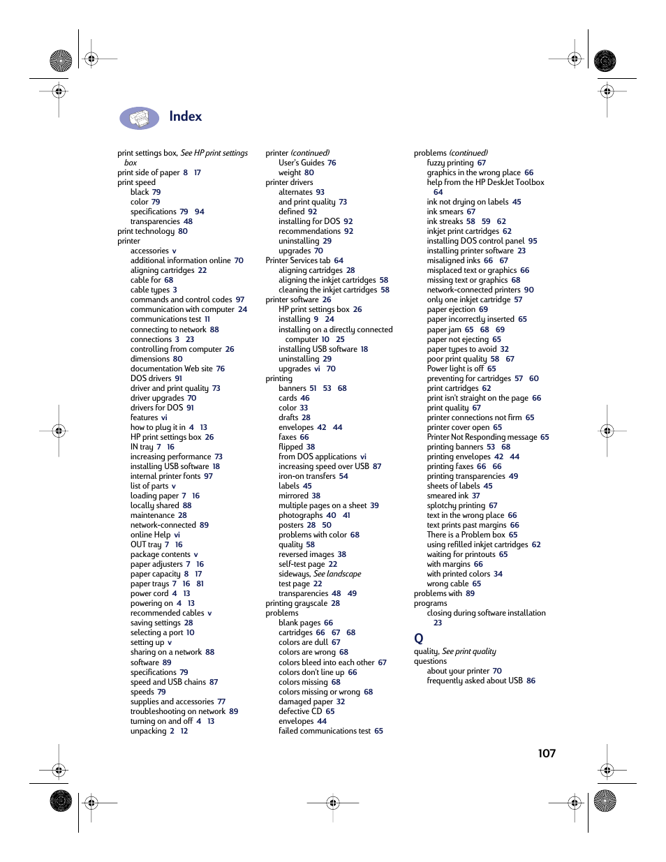 Index | HP Deskjet 832c Printer User Manual | Page 115 / 118