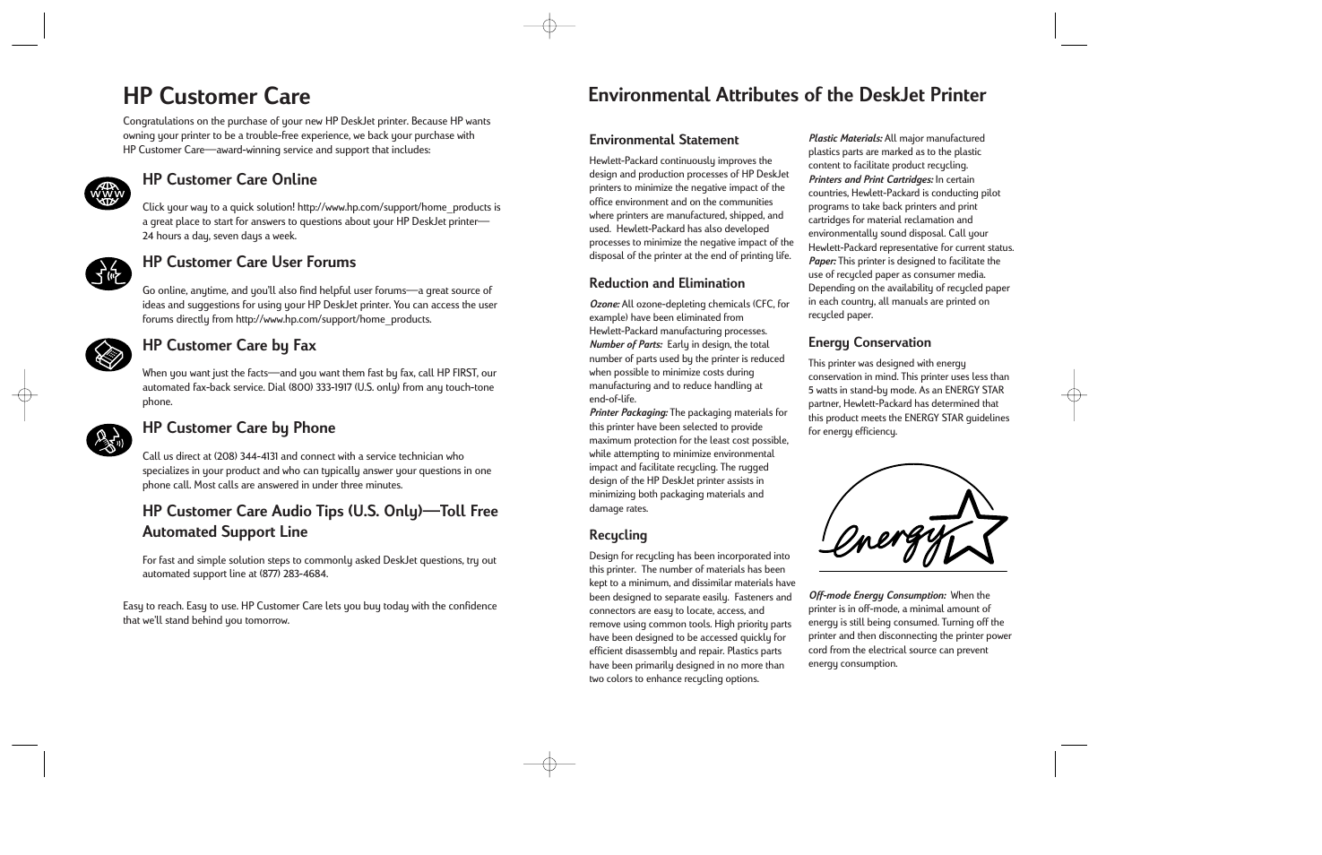 Hp customer care, Environmental attributes of the deskjet printer, Hp customer care online | Hp customer care user forums, Hp customer care by fax, Hp customer care by phone | HP Deskjet 832c Printer User Manual | Page 117 / 118
