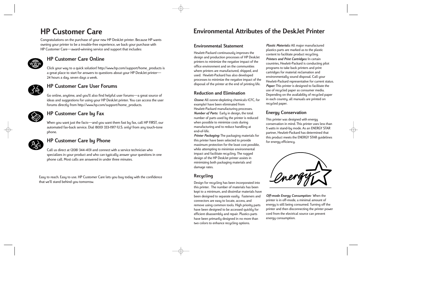 Hp customer care, Environmental attributes of the deskjet printer, Hp customer care online | Hp customer care user forums, Hp customer care by fax, Hp customer care by phone | HP Deskjet 832c Printer User Manual | Page 2 / 118