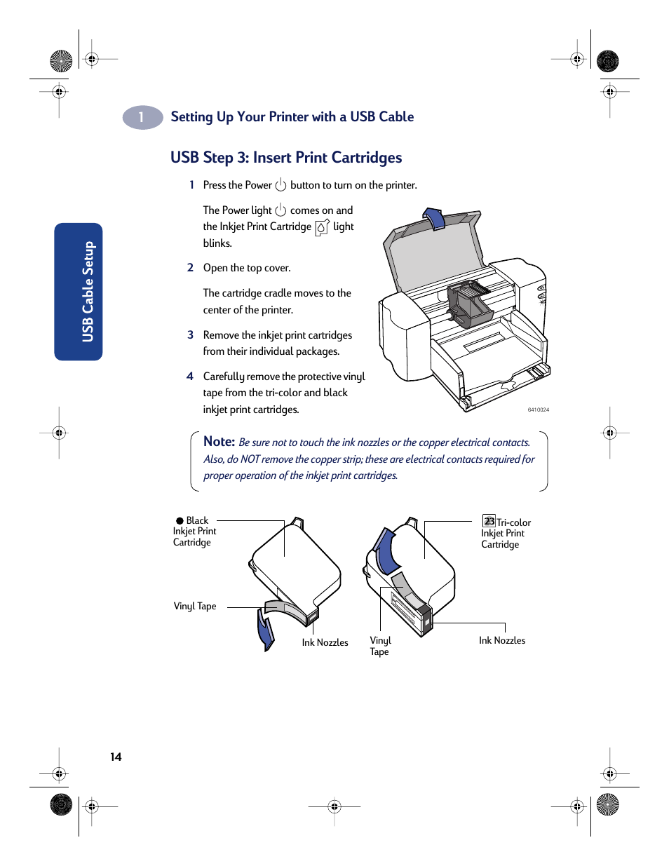 Usb step 3: insert print cartridges, Setting up your printer with a usb cable | HP Deskjet 832c Printer User Manual | Page 22 / 118