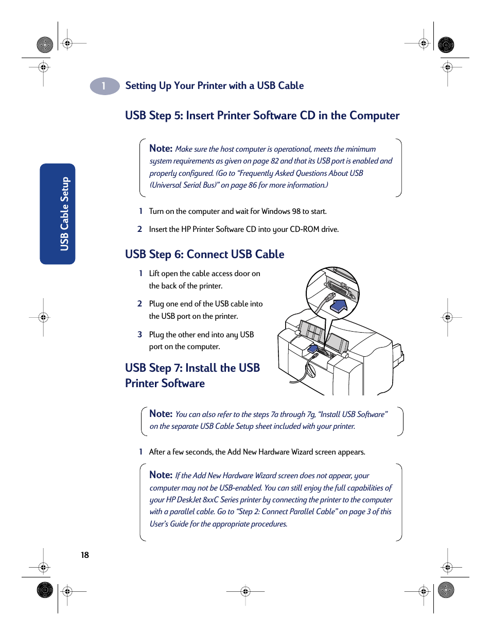 Usb step 6: connect usb cable, Usb step 7: install the usb printer software | HP Deskjet 832c Printer User Manual | Page 26 / 118
