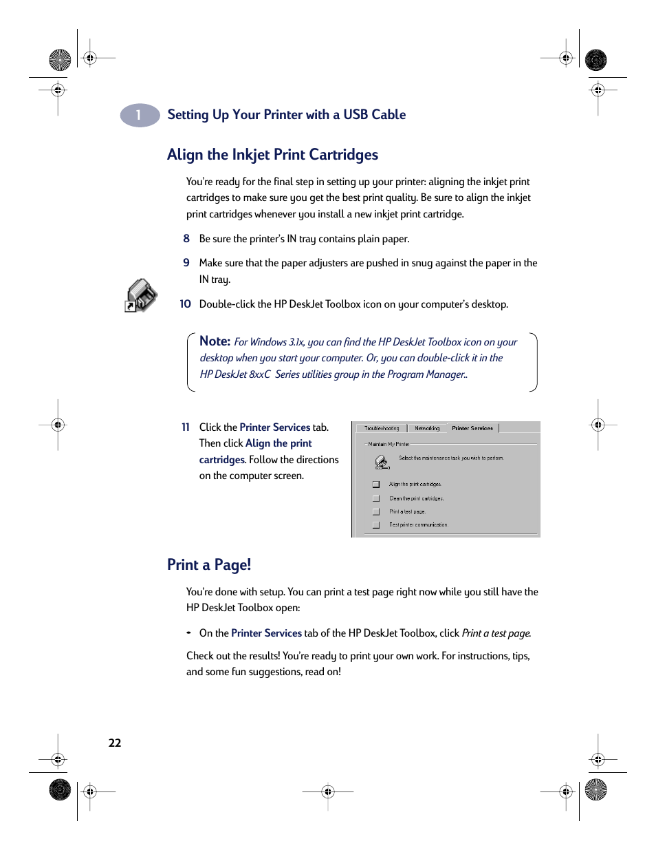 Align the inkjet print cartridges, Print a page | HP Deskjet 832c Printer User Manual | Page 30 / 118