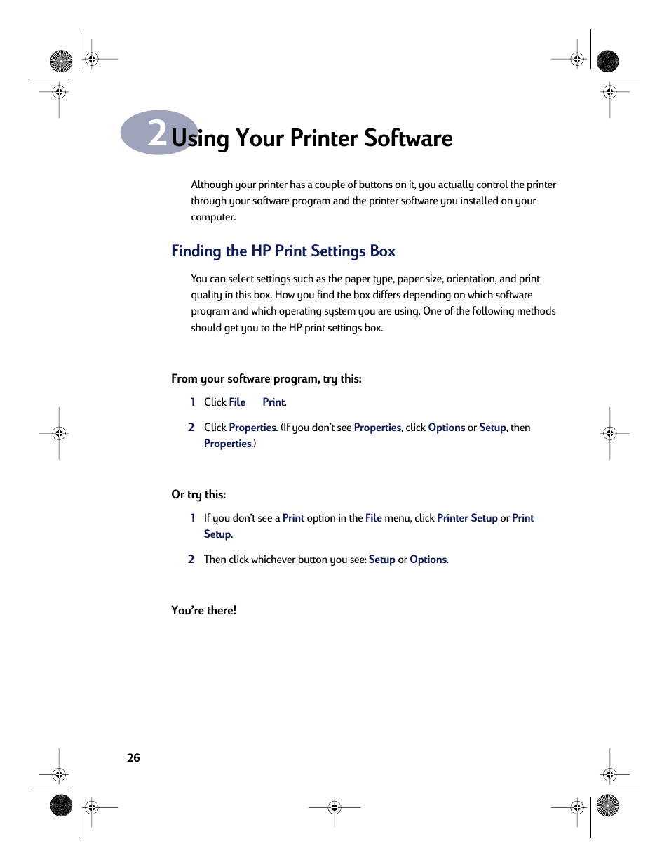 Using your printer software, Finding the hp print settings box, Chapter 2 | HP Deskjet 832c Printer User Manual | Page 34 / 118