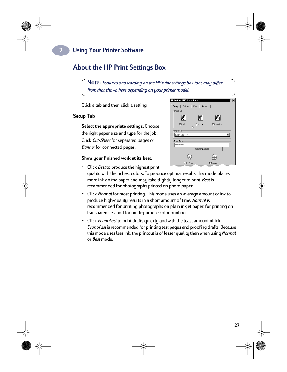 About the hp print settings box | HP Deskjet 832c Printer User Manual | Page 35 / 118