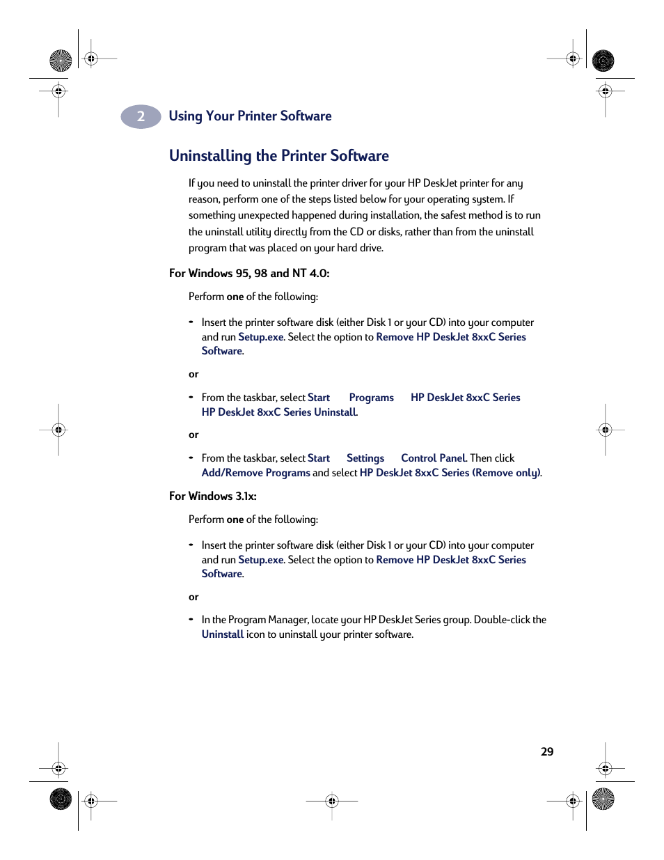 Uninstalling the printer software, Using your printer software | HP Deskjet 832c Printer User Manual | Page 37 / 118