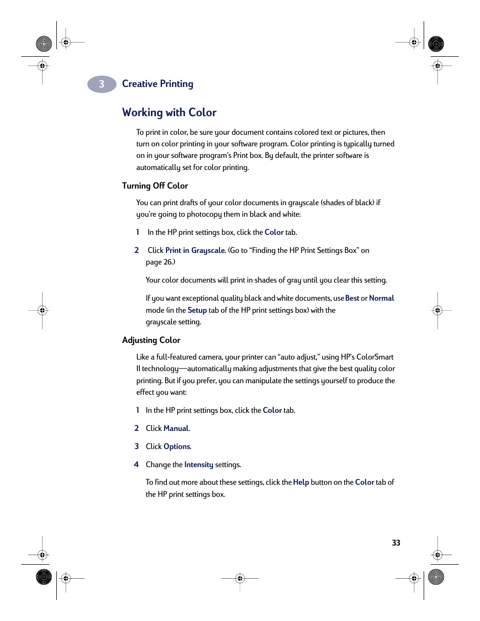 Working with color, Creative printing | HP Deskjet 832c Printer User Manual | Page 41 / 118