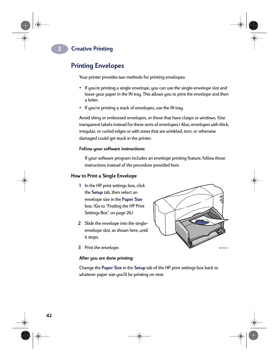 Printing envelopes, Creative printing | HP Deskjet 832c Printer User Manual | Page 50 / 118