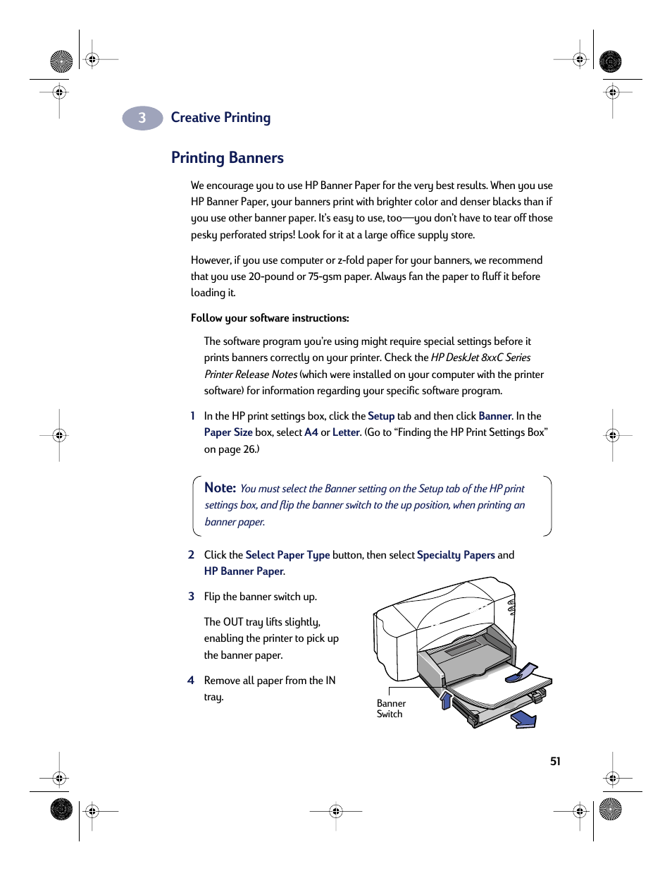 Printing banners, Creative printing | HP Deskjet 832c Printer User Manual | Page 59 / 118