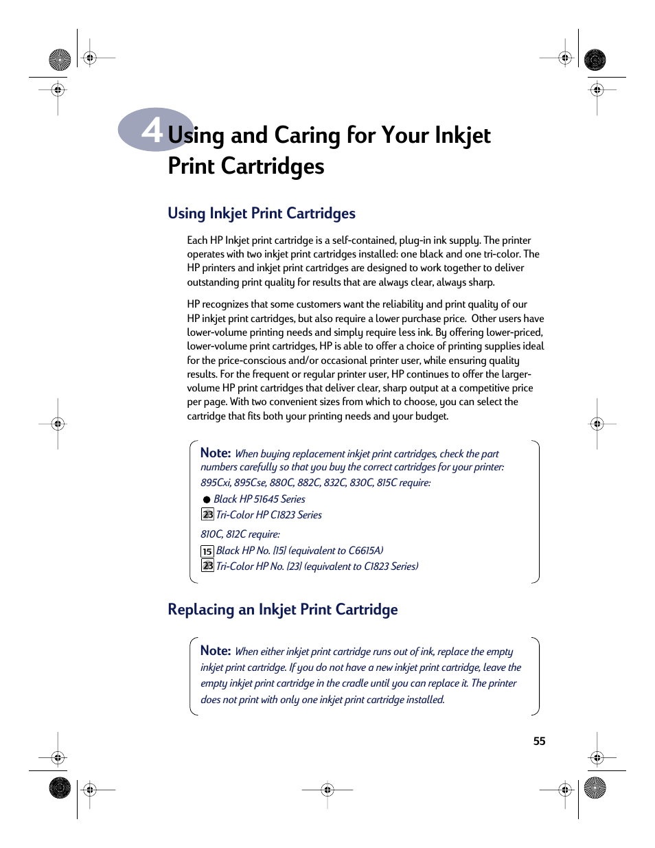 Using and caring for your inkjet print cartridges, Using inkjet print cartridges, Replacing an inkjet print cartridge | Chapter 4 | HP Deskjet 832c Printer User Manual | Page 63 / 118